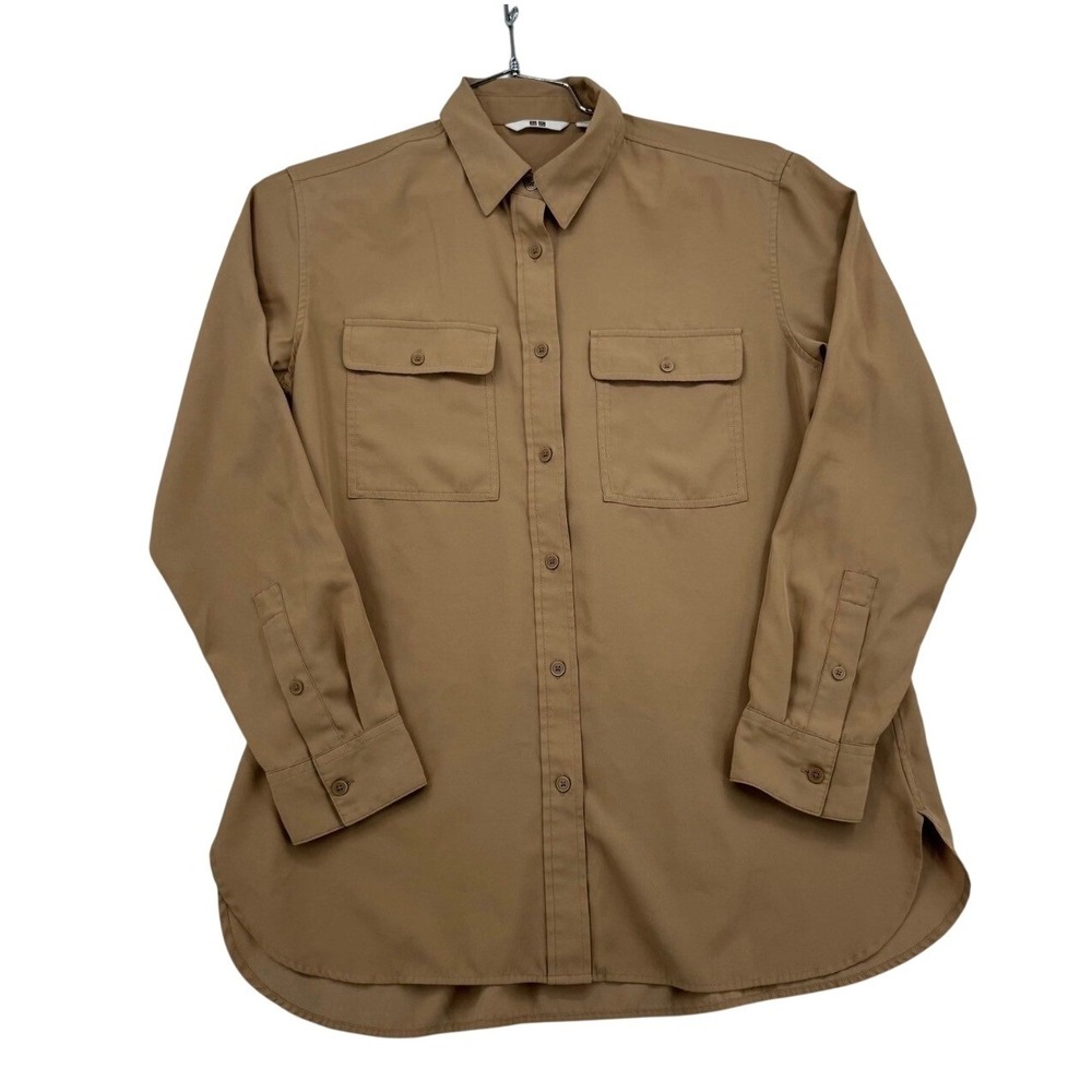 Uniqlo Button Down Shirt Womens S Tan Brown Excellent Long Sleeve Utility Pocket